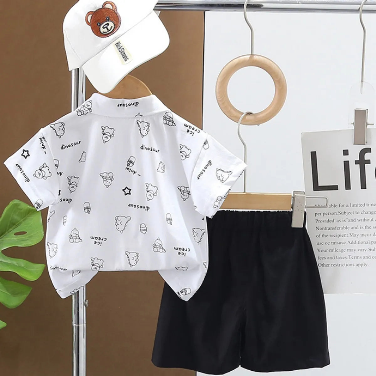 Boys' Cartoon Shirt & Shorts Set with Dino Tie β Formal Fun Style